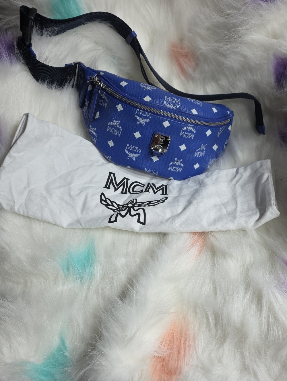 Authentic MCM Royal Blue Logo Monogram Belt Bag